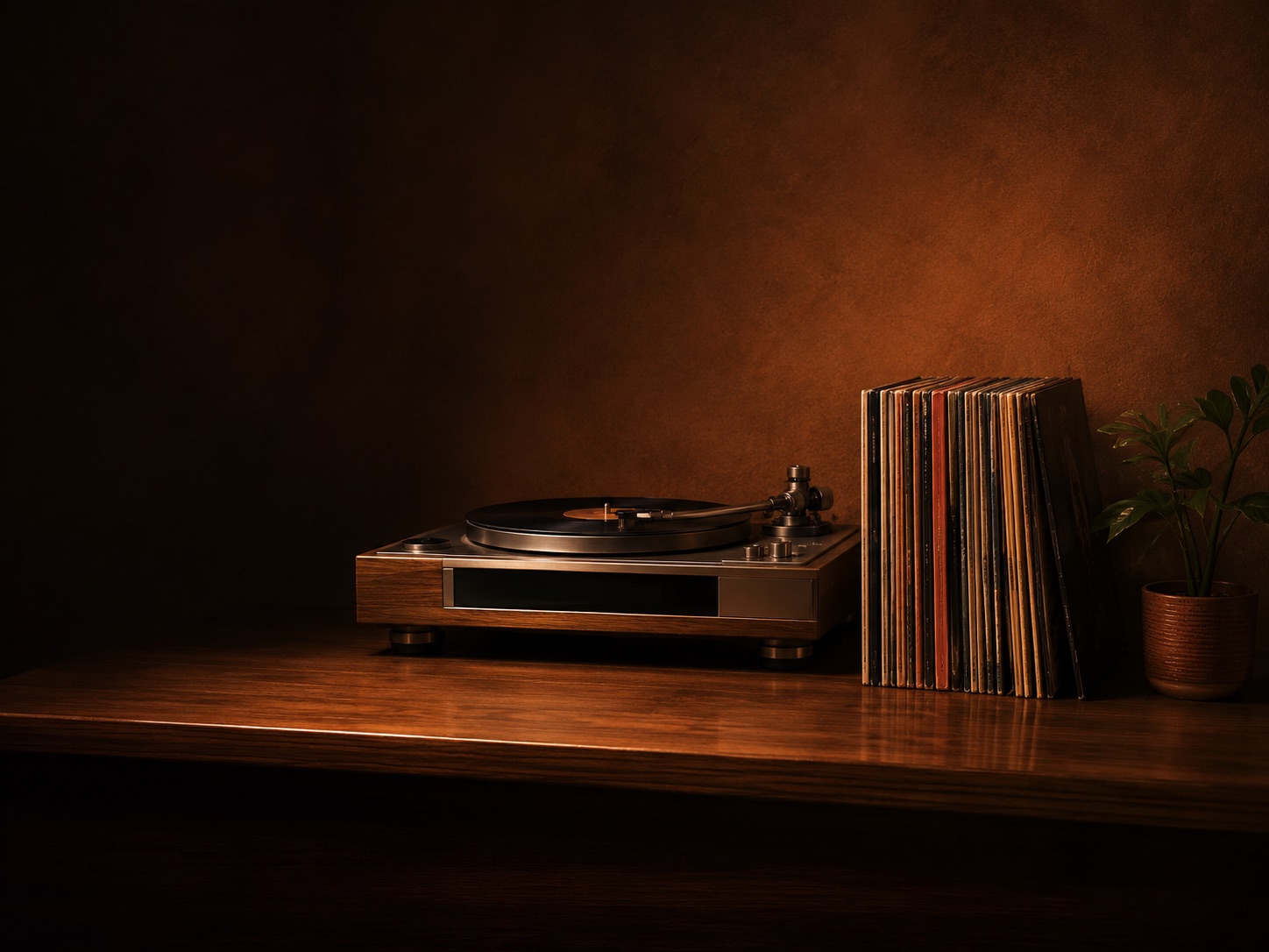 A warm-lit listening room: a wooden turntable beside a row of records and a small plant